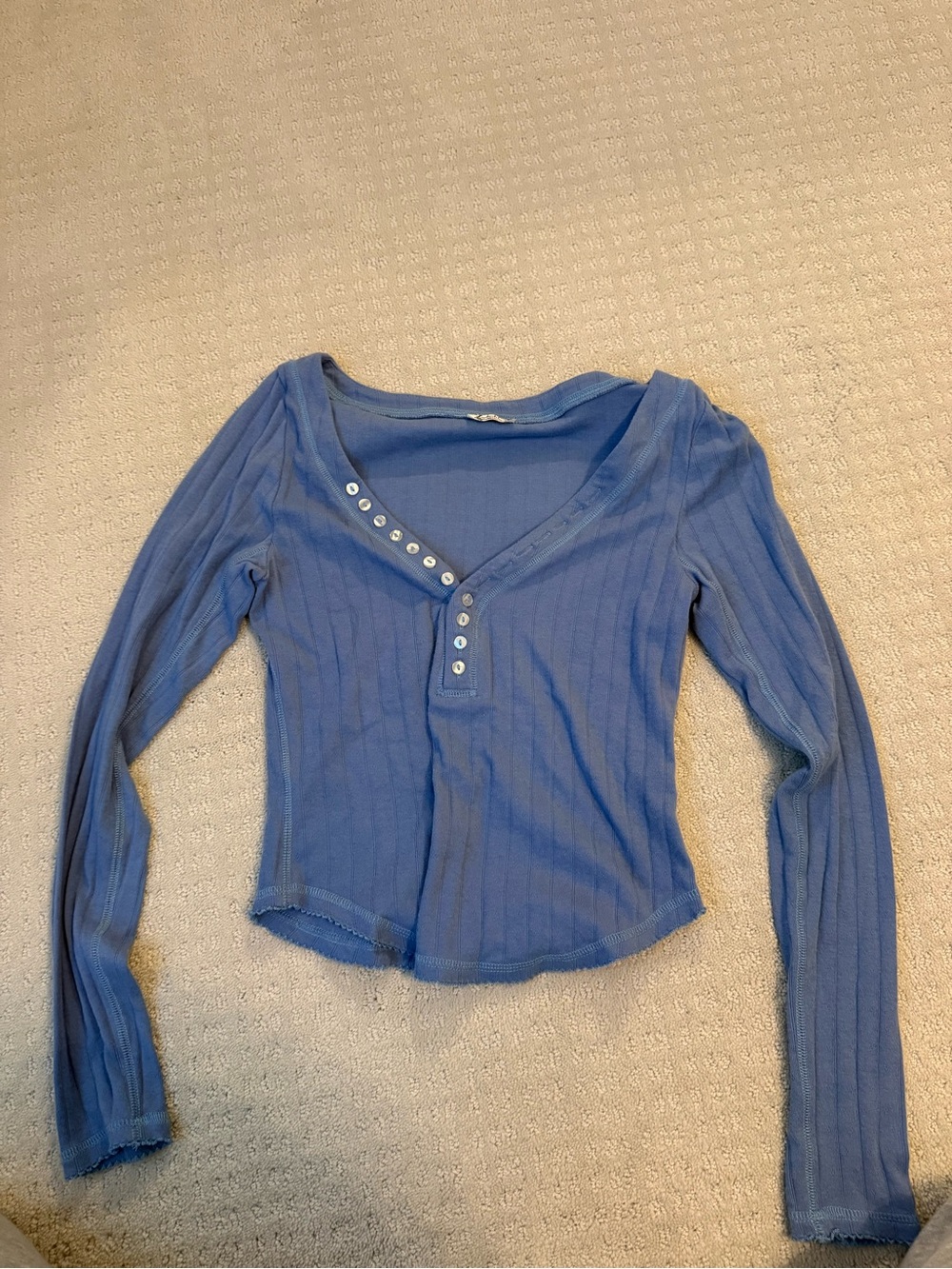 Free People Light Blue Ribbed Henley Long Sleeve Top